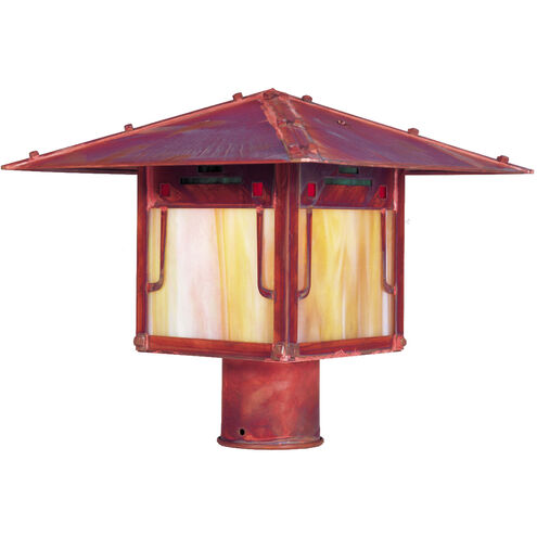Pagoda 1 Light 11 inch Antique Copper Post Mount in Green-Red-Gold White Iridescent