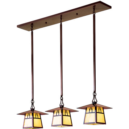 Carmel 3 Light 36 inch Antique Copper Pendant Ceiling Light in Gold White Iridescent, Bungalow Overlay