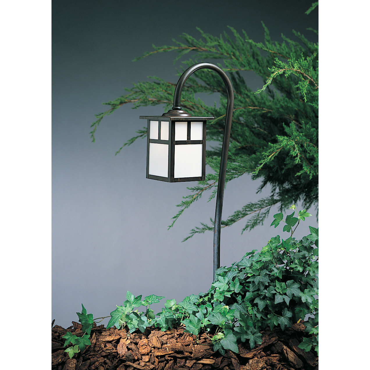 Mission 12V 18 watt Verdigris Patina Landscape Light in White Opalescent, T-Bar Overlay