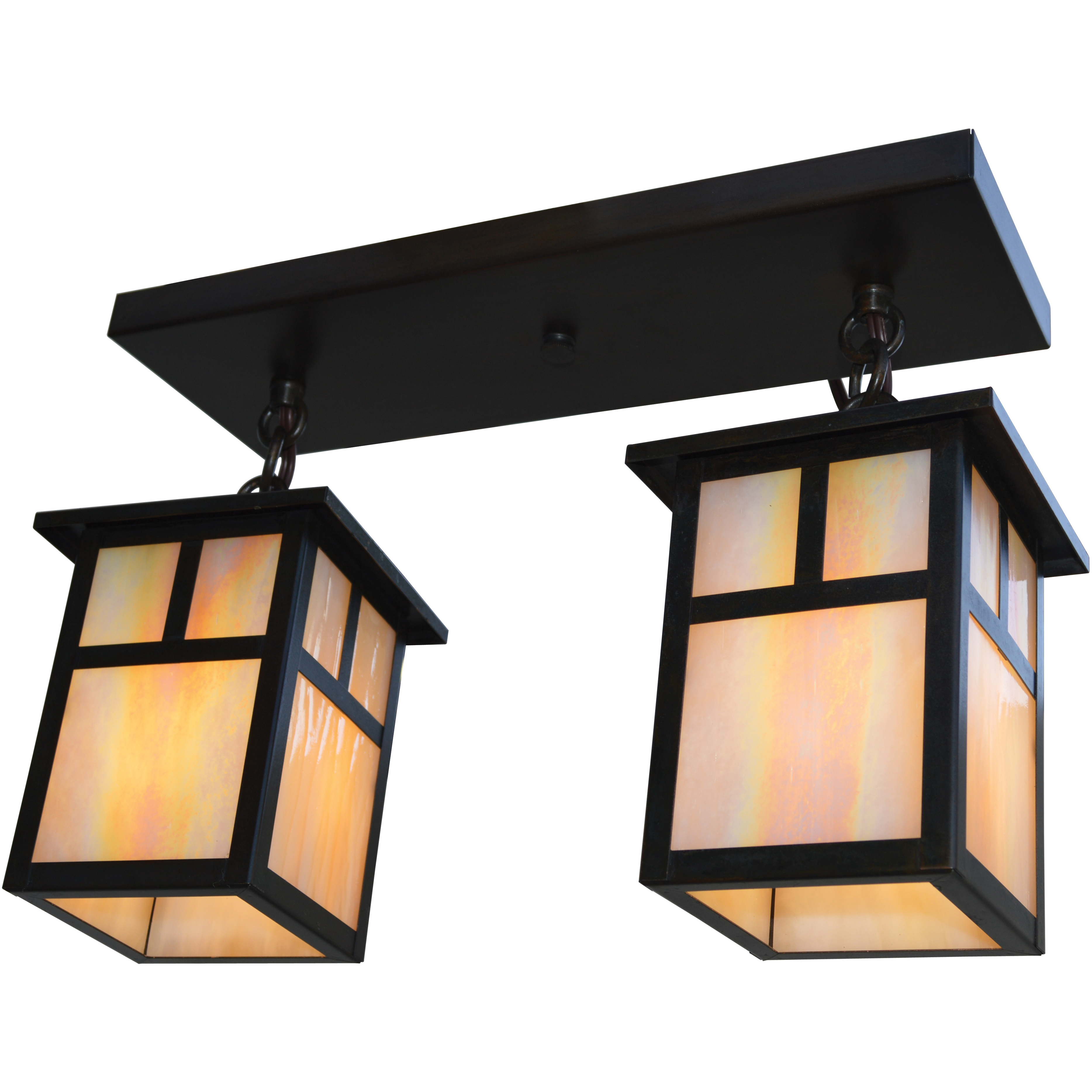 Mission 2 Light 14.88 inch Antique Brass Flush Mount Ceiling Light in Amber Mica, Empty
