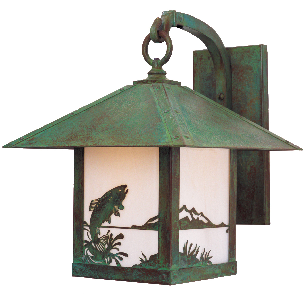 Timber Ridge Outdoor Wall Mount in Pewter, Almond Mica, Palm Tree Filigree