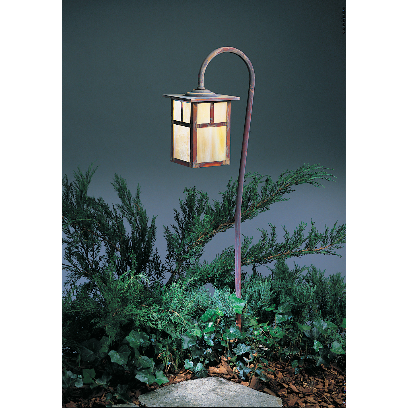 Mission 12V 18 watt Verdigris Patina Landscape Light in White Opalescent, T-Bar Overlay